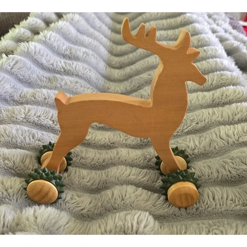 Vintage Chunky Pine Wooden Reindeer‎ Handheld Back Massager With Rolling Wheels